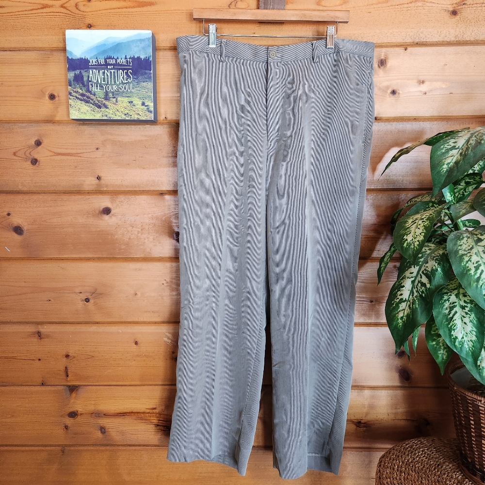 Calvin Klein 💙 Men Pinstripe Taupe Modal Dress Pants Flat Front Slacks 36 X 30"